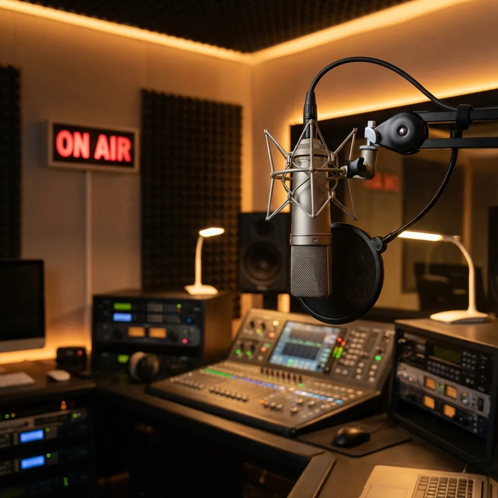 Estudio de Radio Profesional con Micrófono de Alta Gama